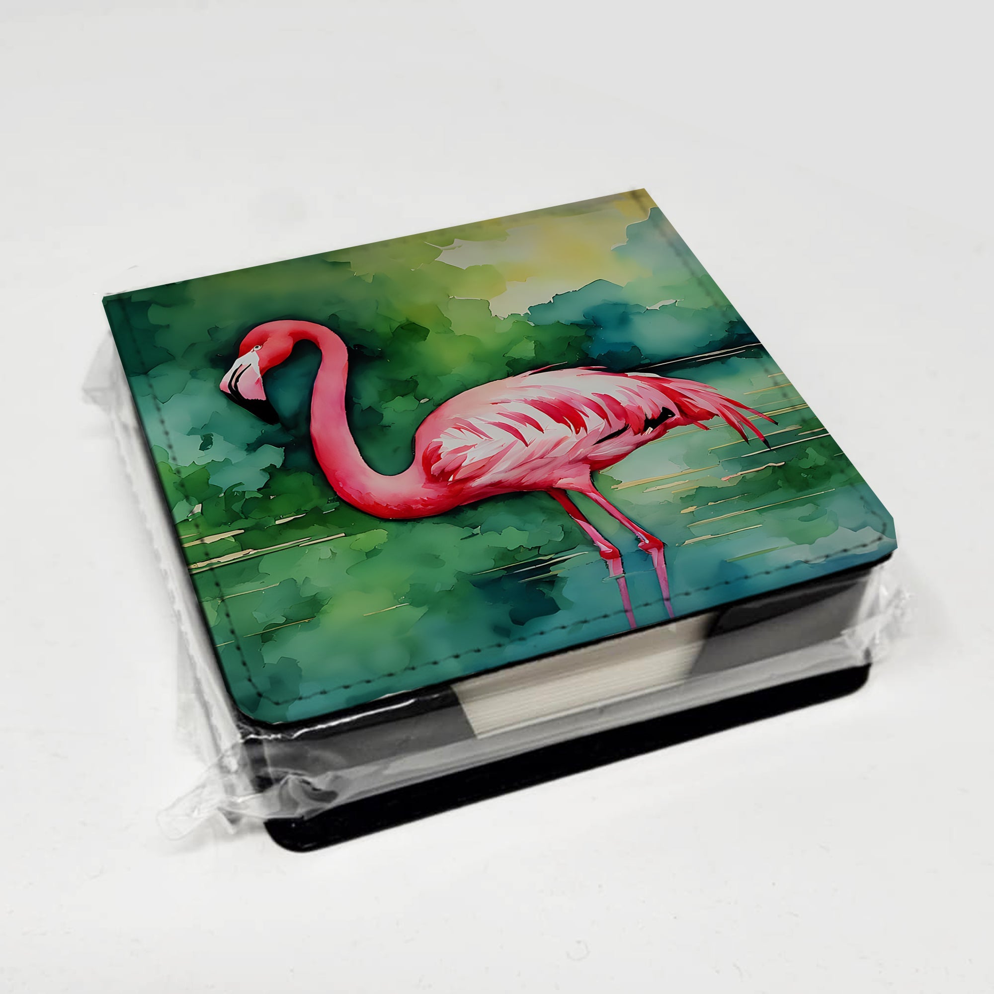 Flamingo PU Leather Note Paper Holder with Artist-Designed Cover, Desk Accessory, Office Gift