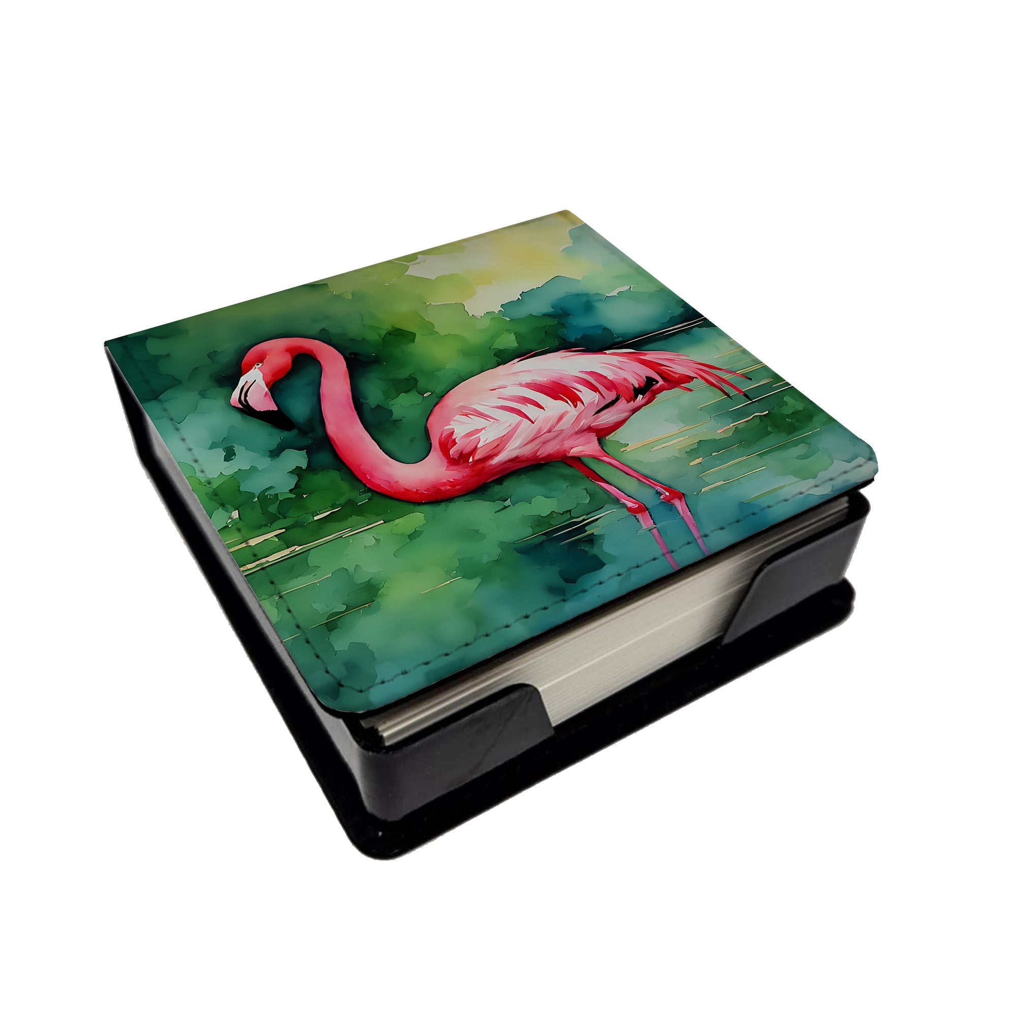 Flamingo PU Leather Note Paper Holder with Artist-Designed Cover, Desk Accessory, Office Gift