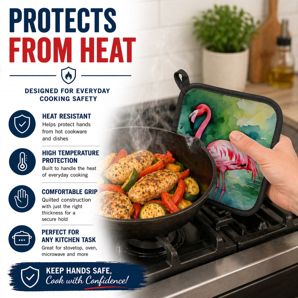 Flamingo Pot Holder Set of 2 Heat Resistant Quilted Hot Pads 7.5 x 7.5 Inch, Insulated Kitchen Trivets for Cooking & Baking