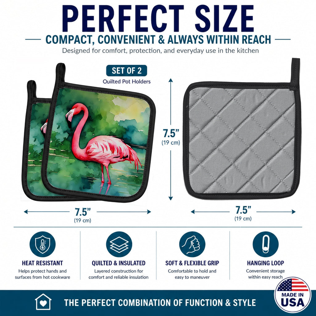 Flamingo Pot Holder Set of 2 Heat Resistant Quilted Hot Pads 7.5 x 7.5 Inch, Insulated Kitchen Trivets for Cooking & Baking