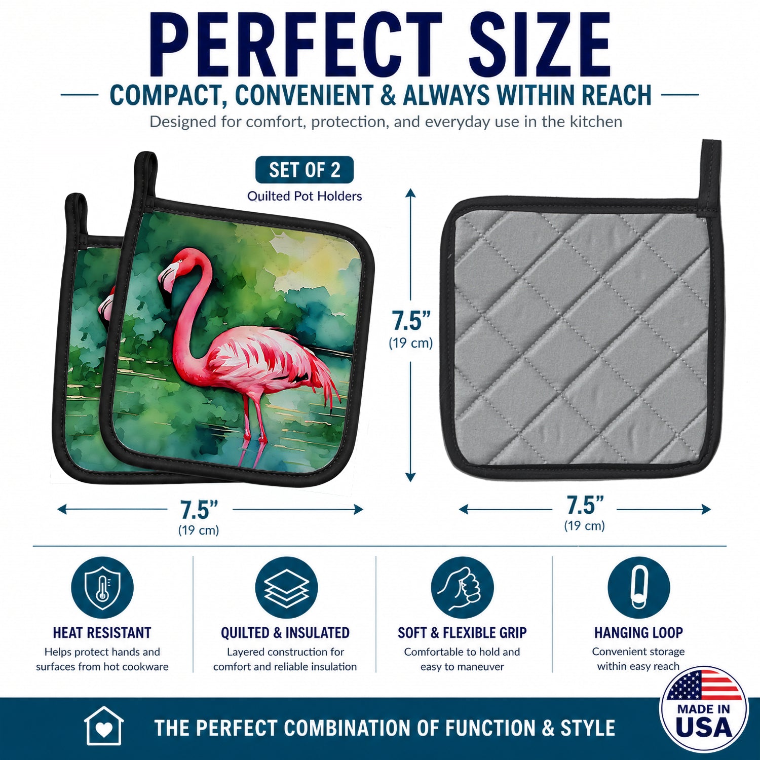 Flamingo Pot Holder Set of 2 Heat Resistant Quilted Hot Pads 7.5 x 7.5 Inch, Insulated Kitchen Trivets for Cooking & Baking