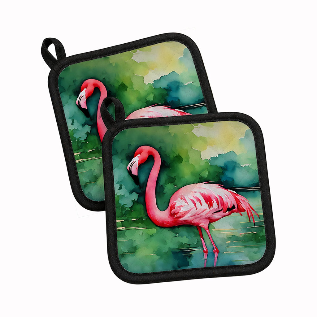 Flamingo Pot Holder Set of 2 Heat Resistant Quilted Hot Pads 7.5 x 7.5 Inch, Insulated Kitchen Trivets for Cooking & Baking