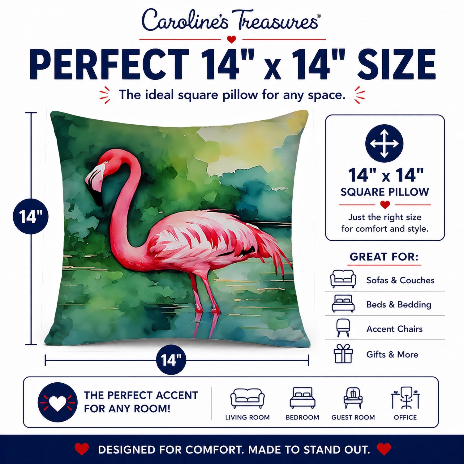 Flamingo Decorative Throw Pillow 14x14 Indoor Outdoor Accent Cushion, Fabric Cover with Insert for Sofa, Bed, Porch & Living Room