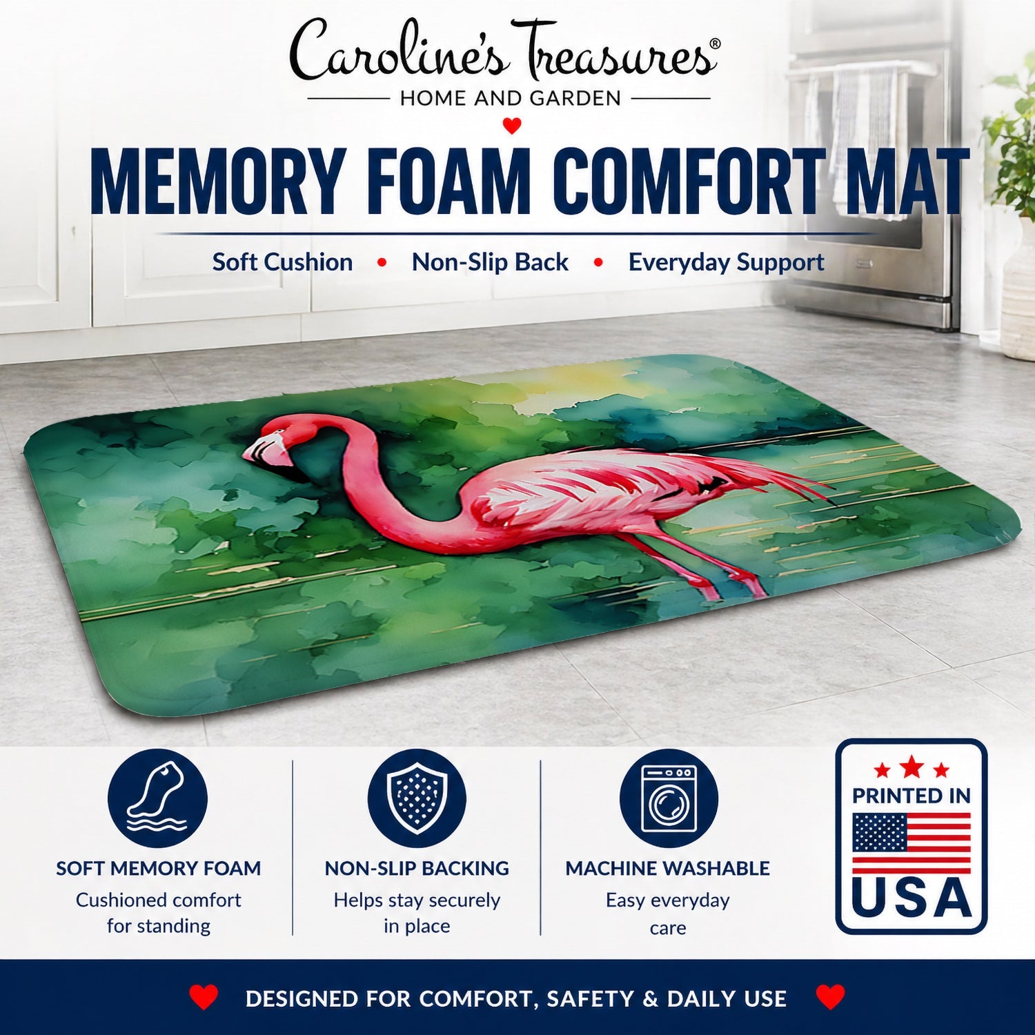 Flamingo Memory Foam Kitchen Mat Machine Washable Anti-Fatigue Cushion Comfort Bath or Kitchen Rug