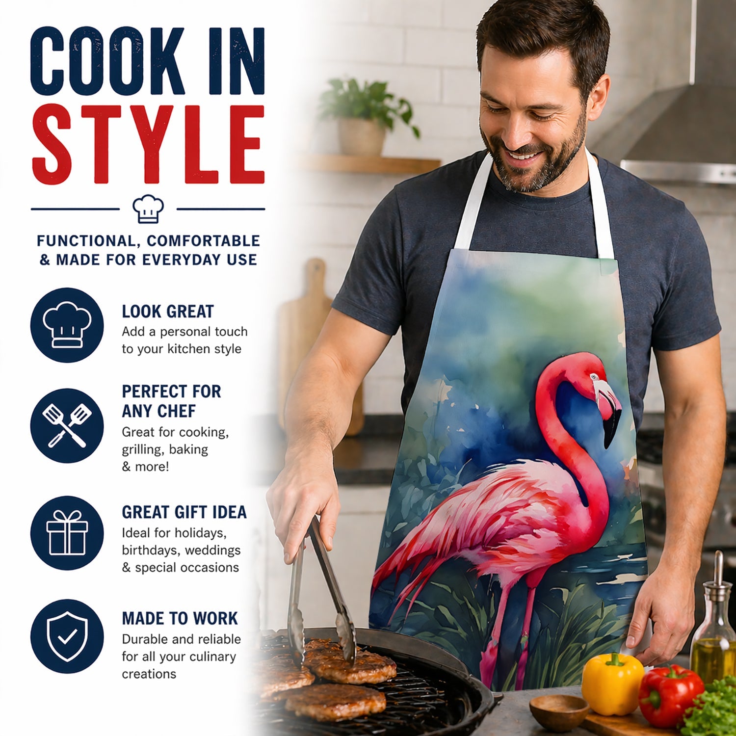 Flamingo Apron Cooking Kitchen Server Baking Crafts Gardening for Adult Women Men, Unisex, Large, Multicolor
