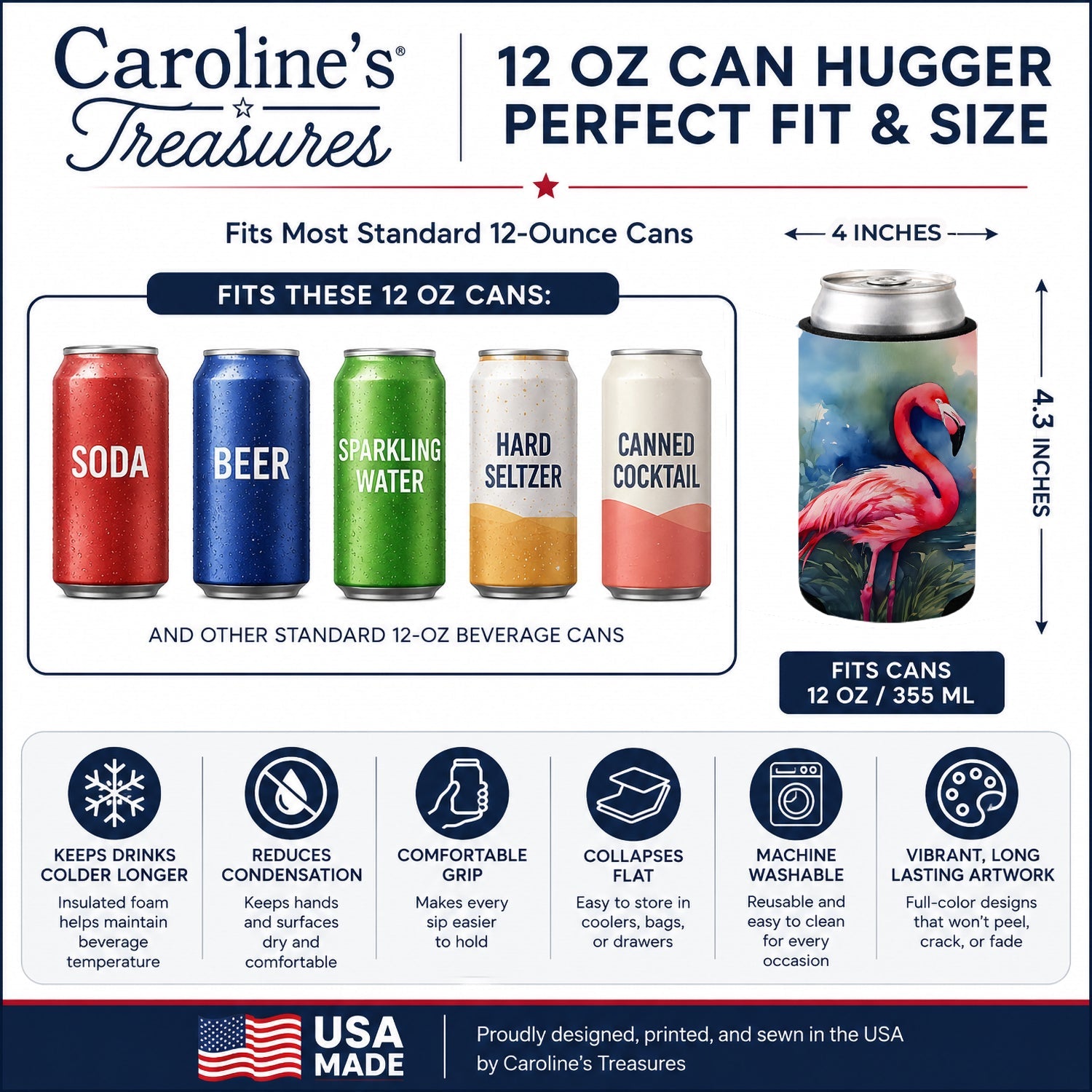 Flamingo Can or Bottle Hugger Cooler Sleeve for Standard 12 oz Cans, Insulated Foam Beer & Soda Can Hugger Reusable