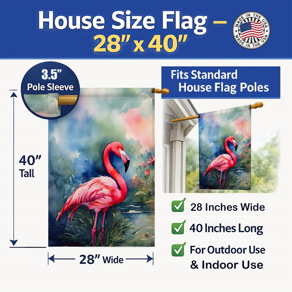 Flamingo House Flag 28x40 Porch Sleeve Pole Decorative Outside Yard Banner Artwork Wall Hanging, Polyester