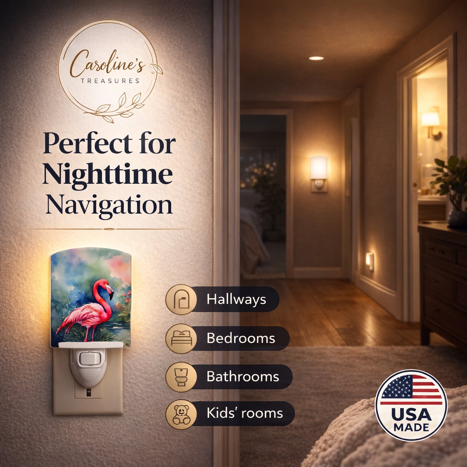 Flamingo Ceramic Night Light Compact, UL-Certified, Ideal for Bedroom, Bathroom, Nursery, Hallway, Kitchen, 6x4x3, Multicolor