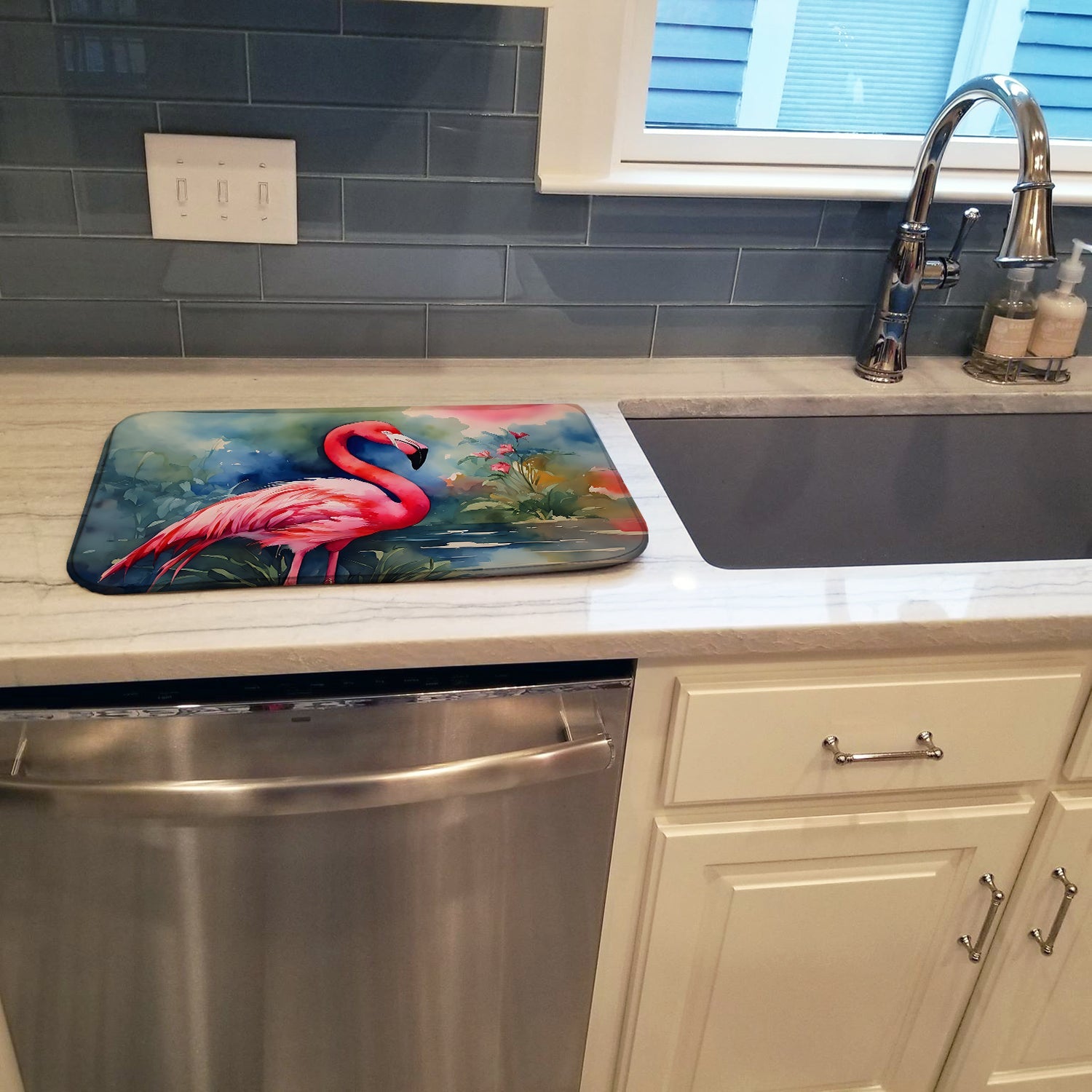 Flamingo Dish Drying Mat Absorbent Dish Drying Mat Pad for Kitchen Counter Dish Drainer Mat for Countertop, 14 x 21", Multicolor