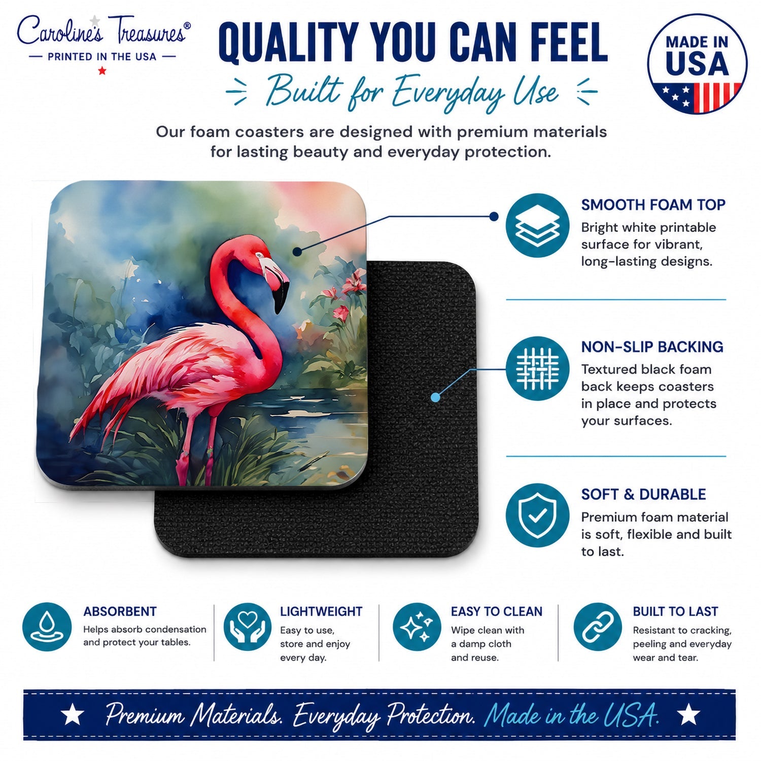 Flamingo Foam Coasters Set of 4 Cup Coasters for Indoor Outdoor, Tabletop Protection, Anti Slip, Mouse pad Material