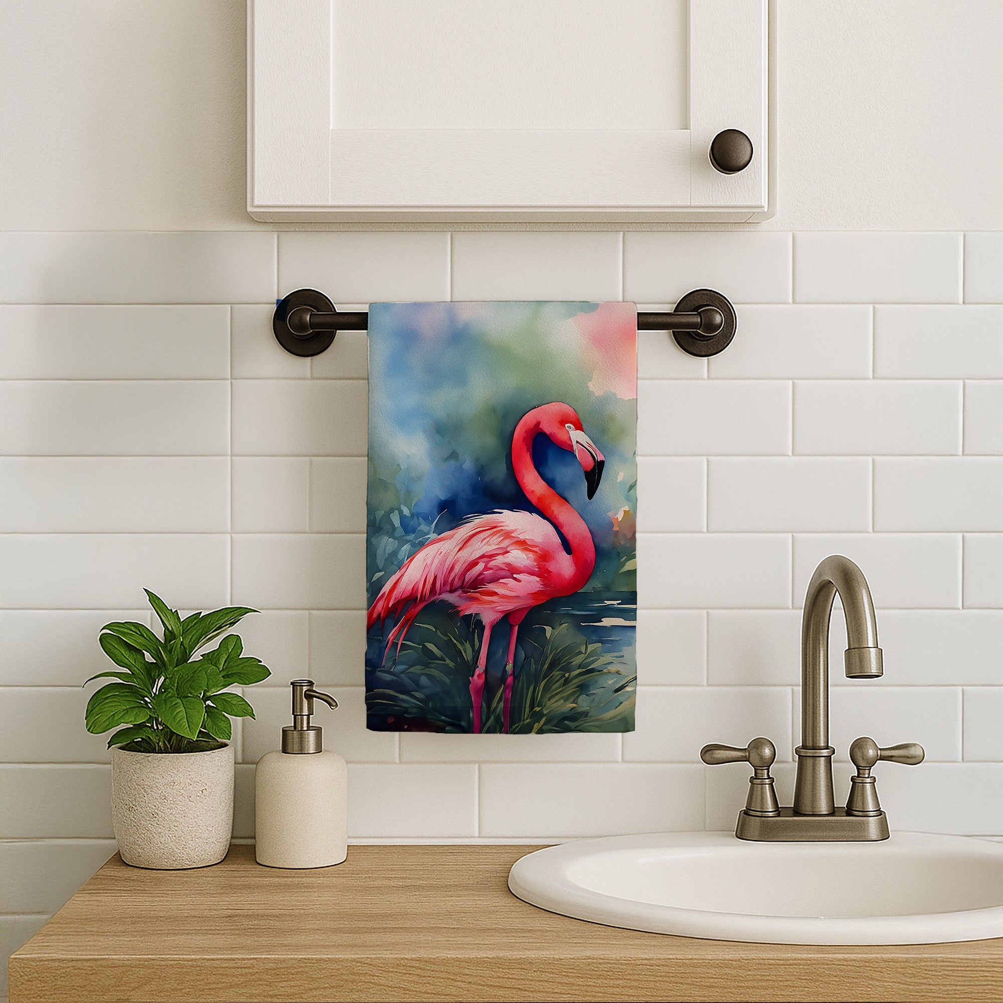 Flamingo Kitchen Towel Velour Plush Front and Cotton Loop Back Machine Washable
