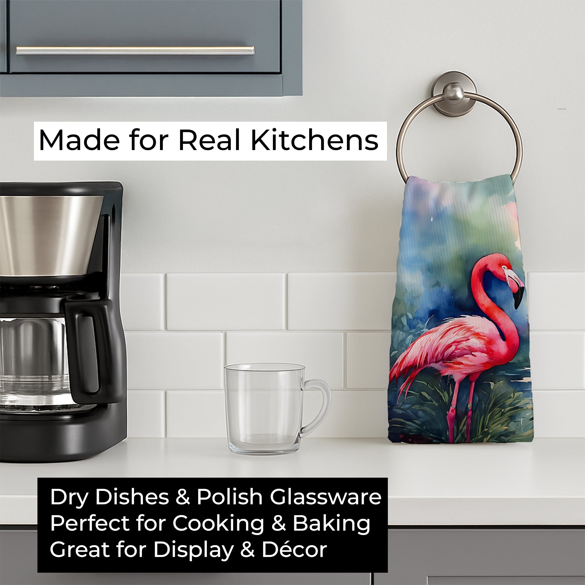 Flamingo Kitchen Towel Velour Plush Front and Cotton Loop Back Machine Washable