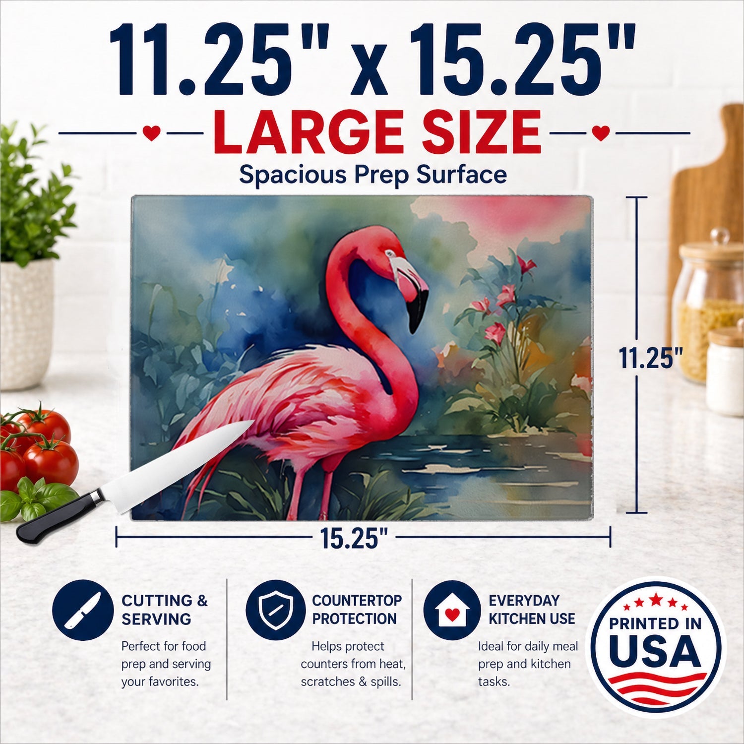 Flamingo Cutting Board Tempered Glass Kitchen Cutting Surface, Heat Resistant Chopping, Non-Slip Feet, Food Prep & Serving