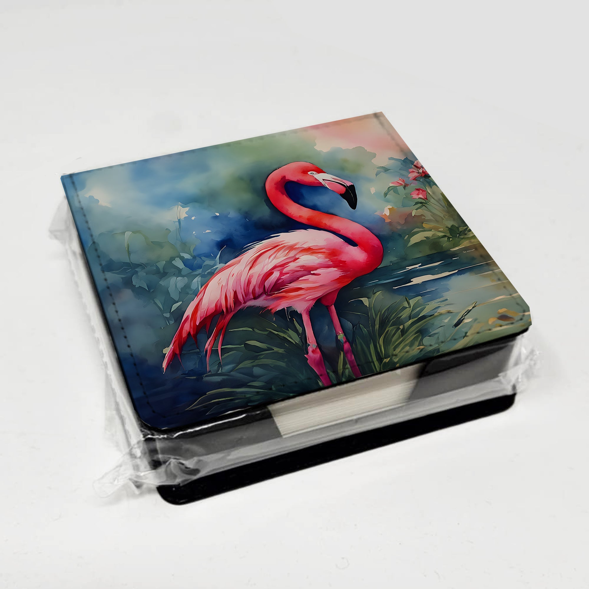 Flamingo PU Leather Note Paper Holder with Artist-Designed Cover, Desk Accessory, Office Gift