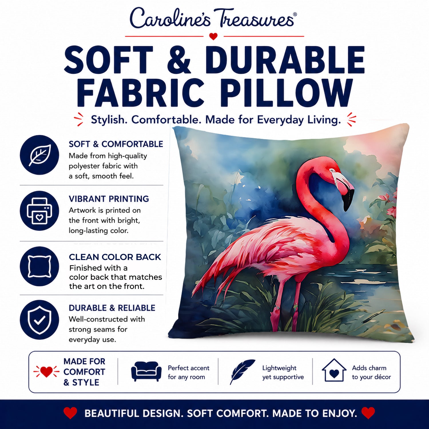 Flamingo Decorative Throw Pillow 14x14 Indoor Outdoor Accent Cushion, Fabric Cover with Insert for Sofa, Bed, Porch & Living Room