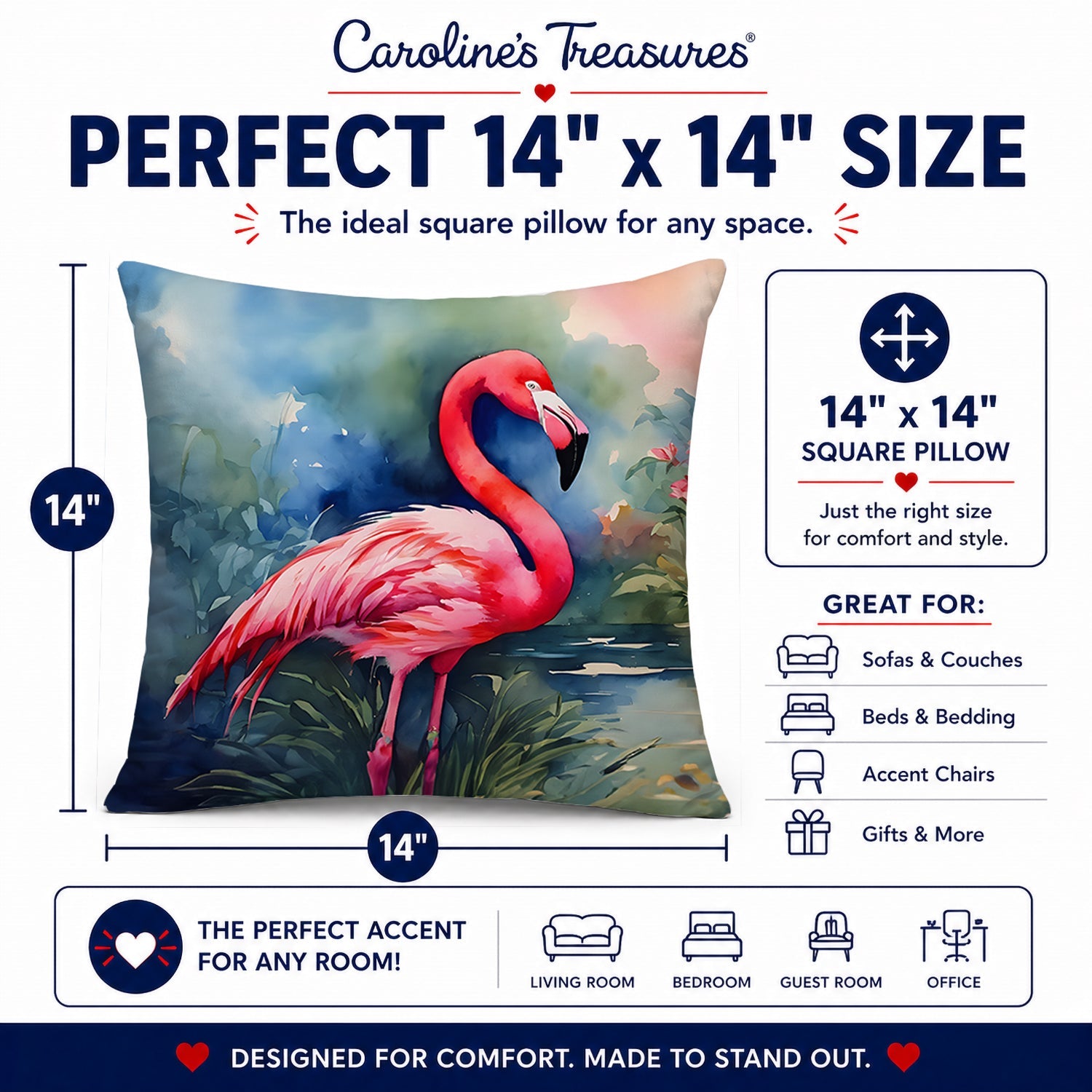 Flamingo Decorative Throw Pillow 14x14 Indoor Outdoor Accent Cushion, Fabric Cover with Insert for Sofa, Bed, Porch & Living Room