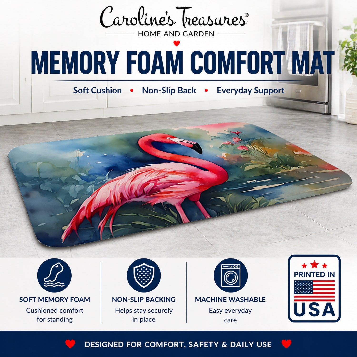 Flamingo Memory Foam Kitchen Mat Machine Washable Anti-Fatigue Cushion Comfort Bath or Kitchen Rug