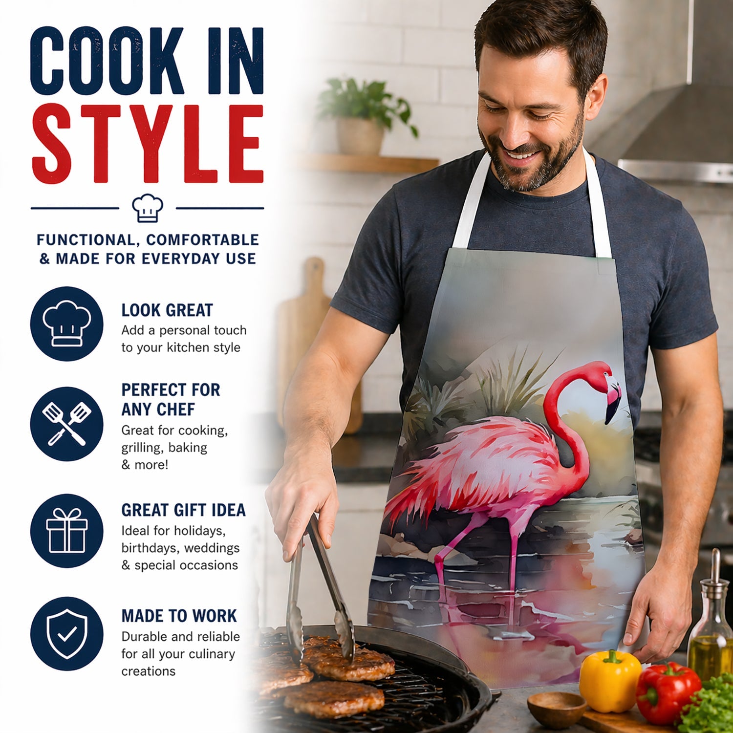 Flamingo Apron Cooking Kitchen Server Baking Crafts Gardening for Adult Women Men, Unisex, Large, Multicolor