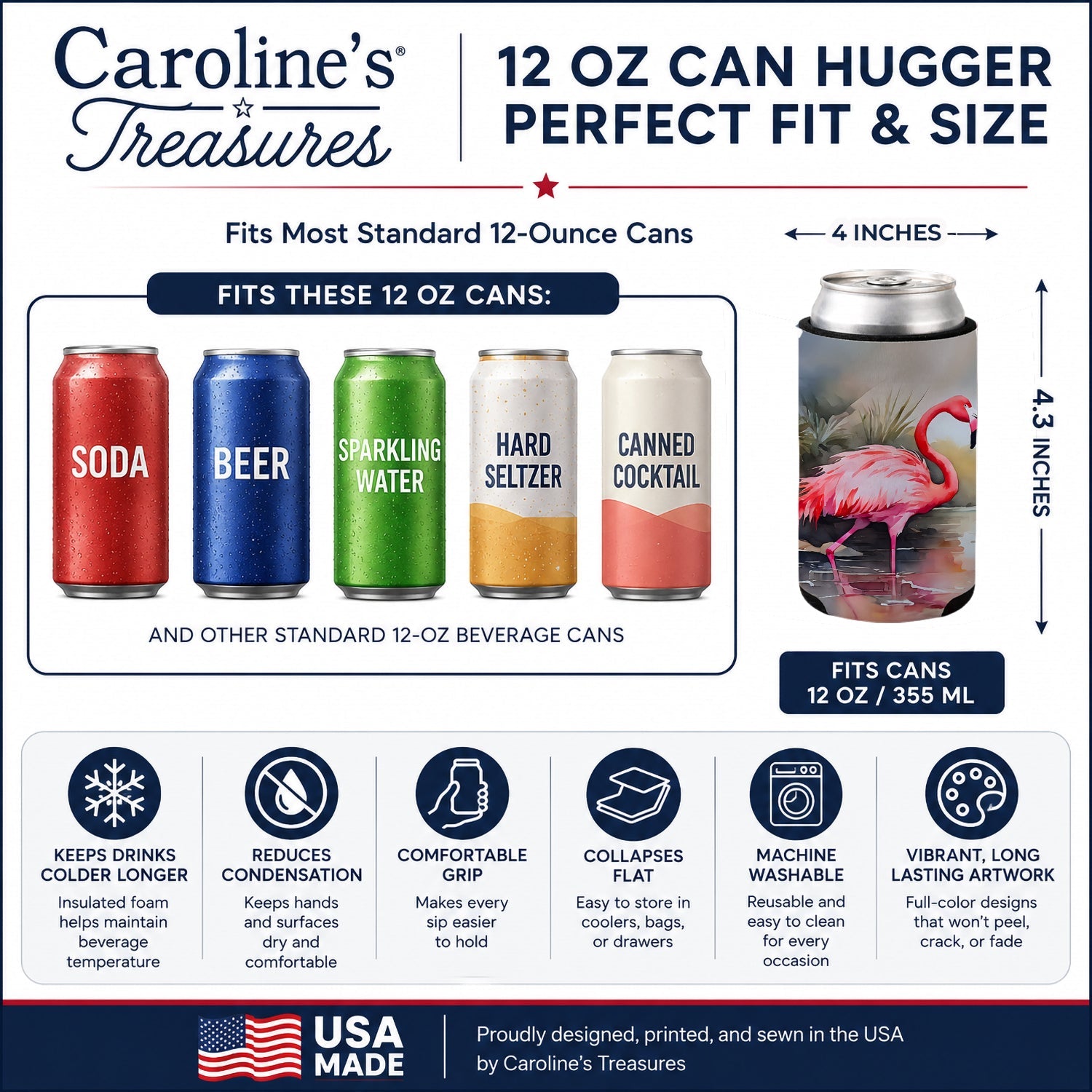 Flamingo Can or Bottle Hugger Cooler Sleeve for Standard 12 oz Cans, Insulated Foam Beer & Soda Can Hugger Reusable