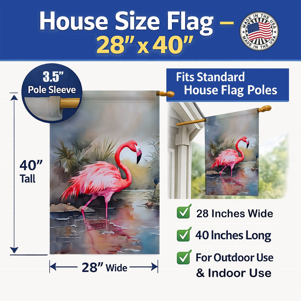 Flamingo House Flag 28x40 Porch Sleeve Pole Decorative Outside Yard Banner Artwork Wall Hanging, Polyester