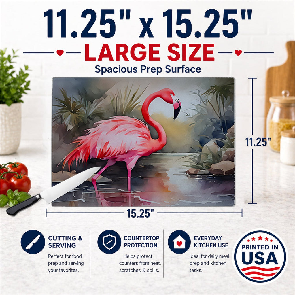 Flamingo Cutting Board Tempered Glass Kitchen Cutting Surface, Heat Resistant Chopping, Non-Slip Feet, Food Prep & Serving