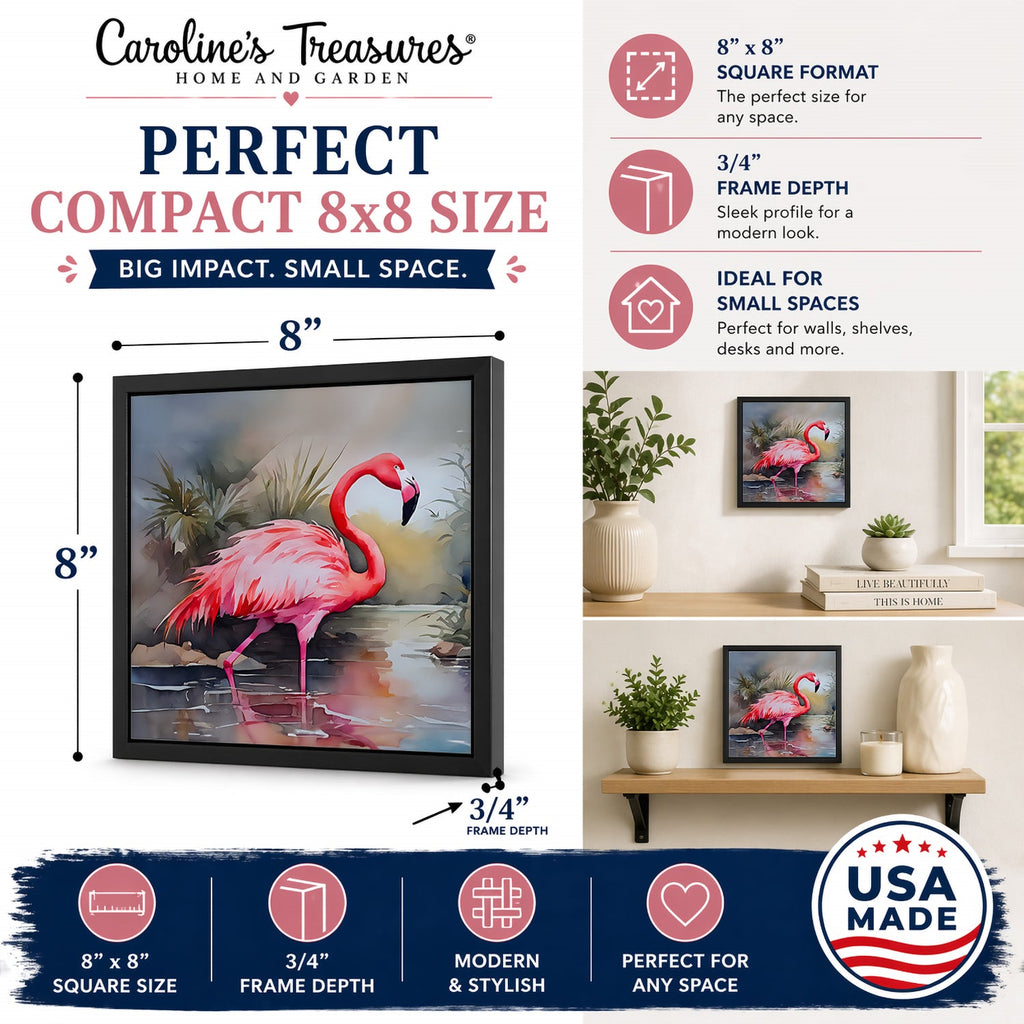 Flamingo Framed Metal Print Bathroom, Kitchen, Office, Home Decor Wall Art Ready to Hang, Square, 8X8