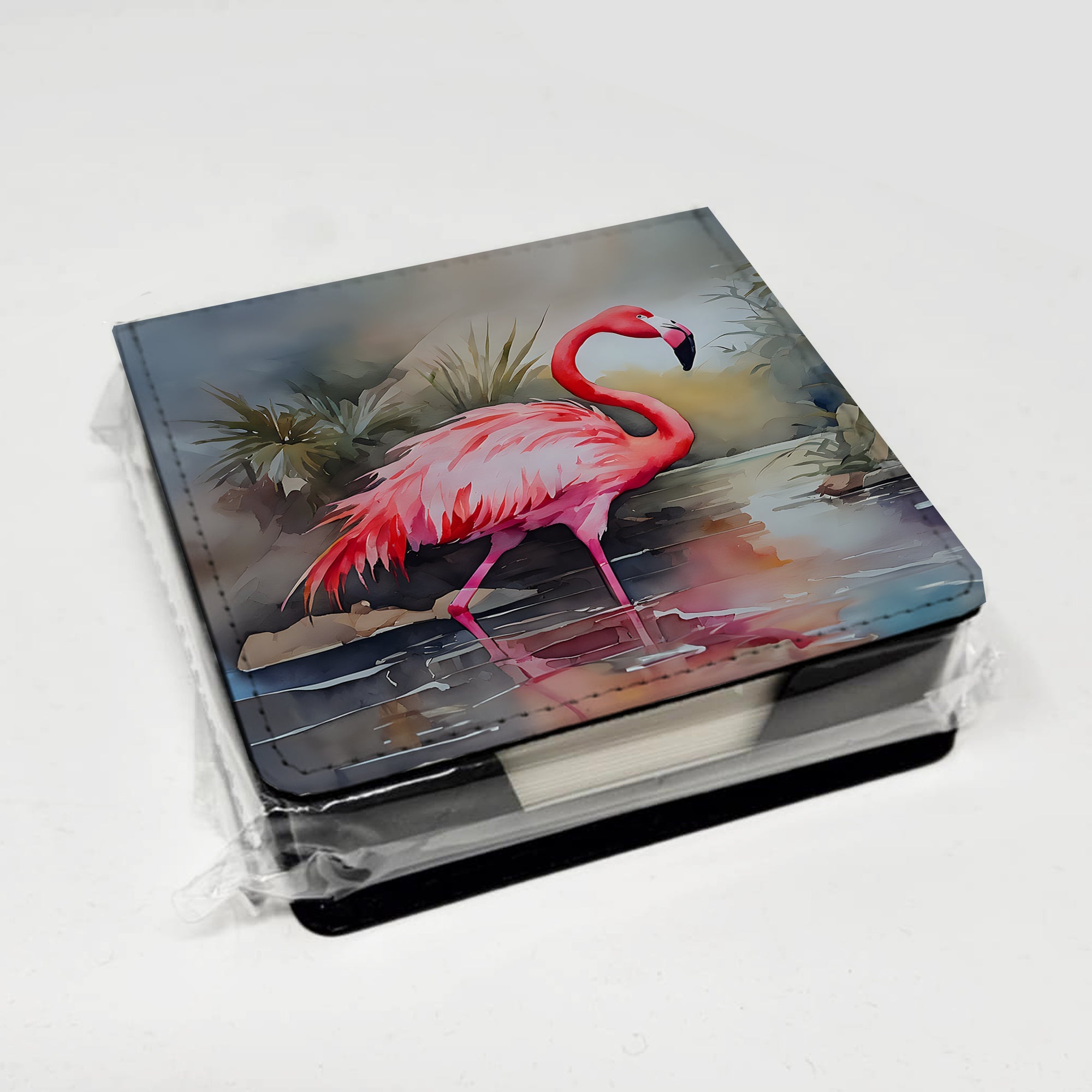Flamingo PU Leather Note Paper Holder with Artist-Designed Cover, Desk Accessory, Office Gift