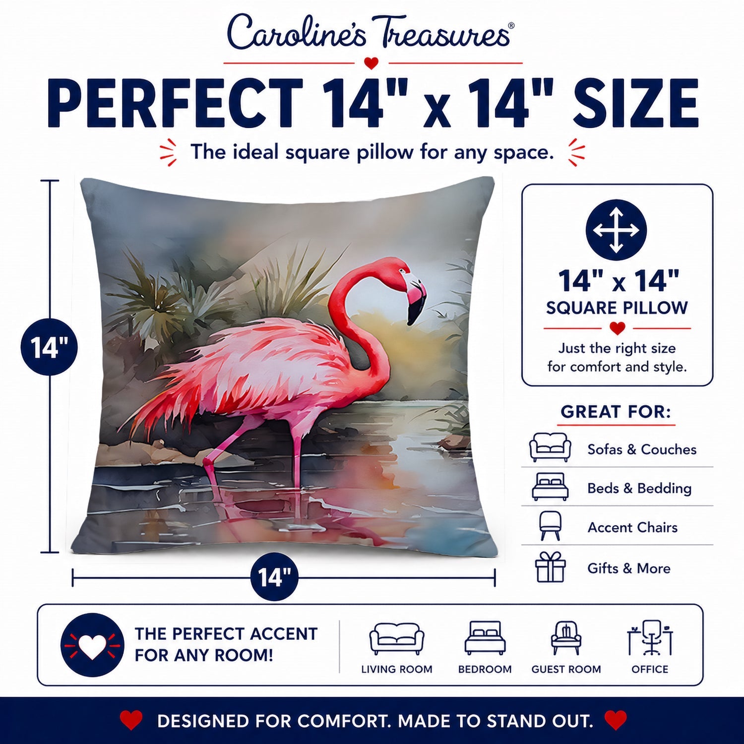 Flamingo Decorative Throw Pillow 14x14 Indoor Outdoor Accent Cushion, Fabric Cover with Insert for Sofa, Bed, Porch & Living Room