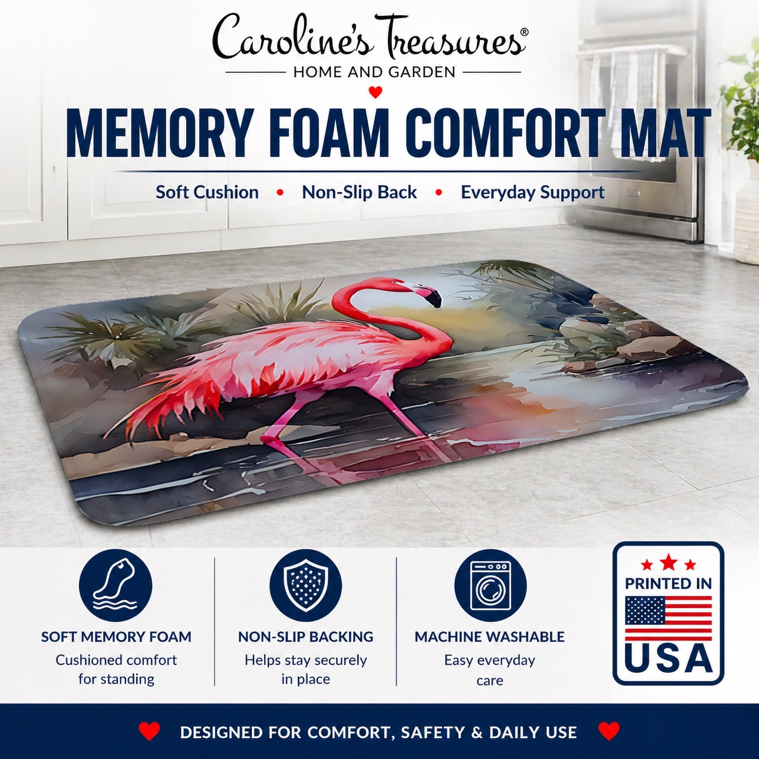 Flamingo Memory Foam Kitchen Mat Machine Washable Anti-Fatigue Cushion Comfort Bath or Kitchen Rug