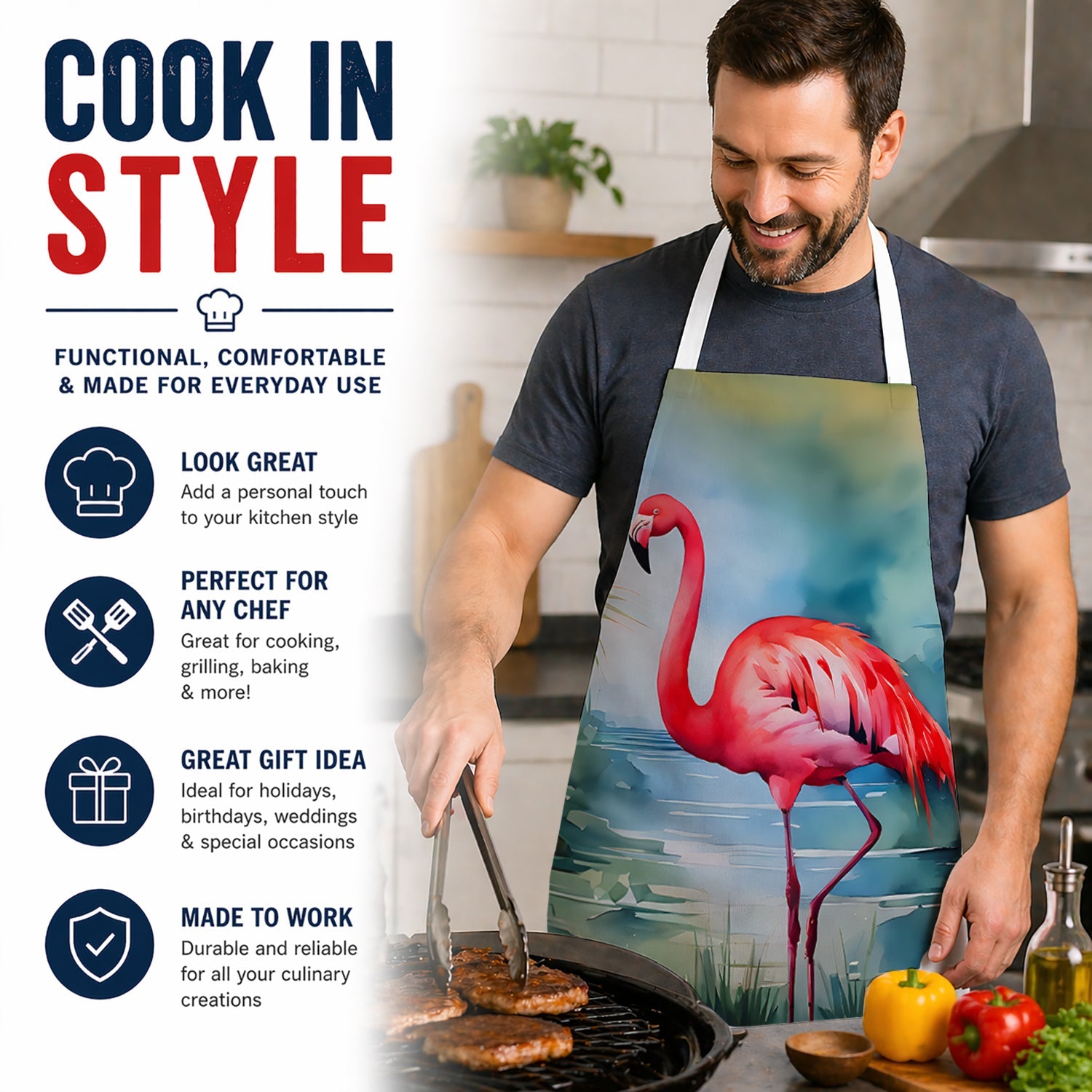 Flamingo Apron Cooking Kitchen Server Baking Crafts Gardening for Adult Women Men, Unisex, Large, Multicolor