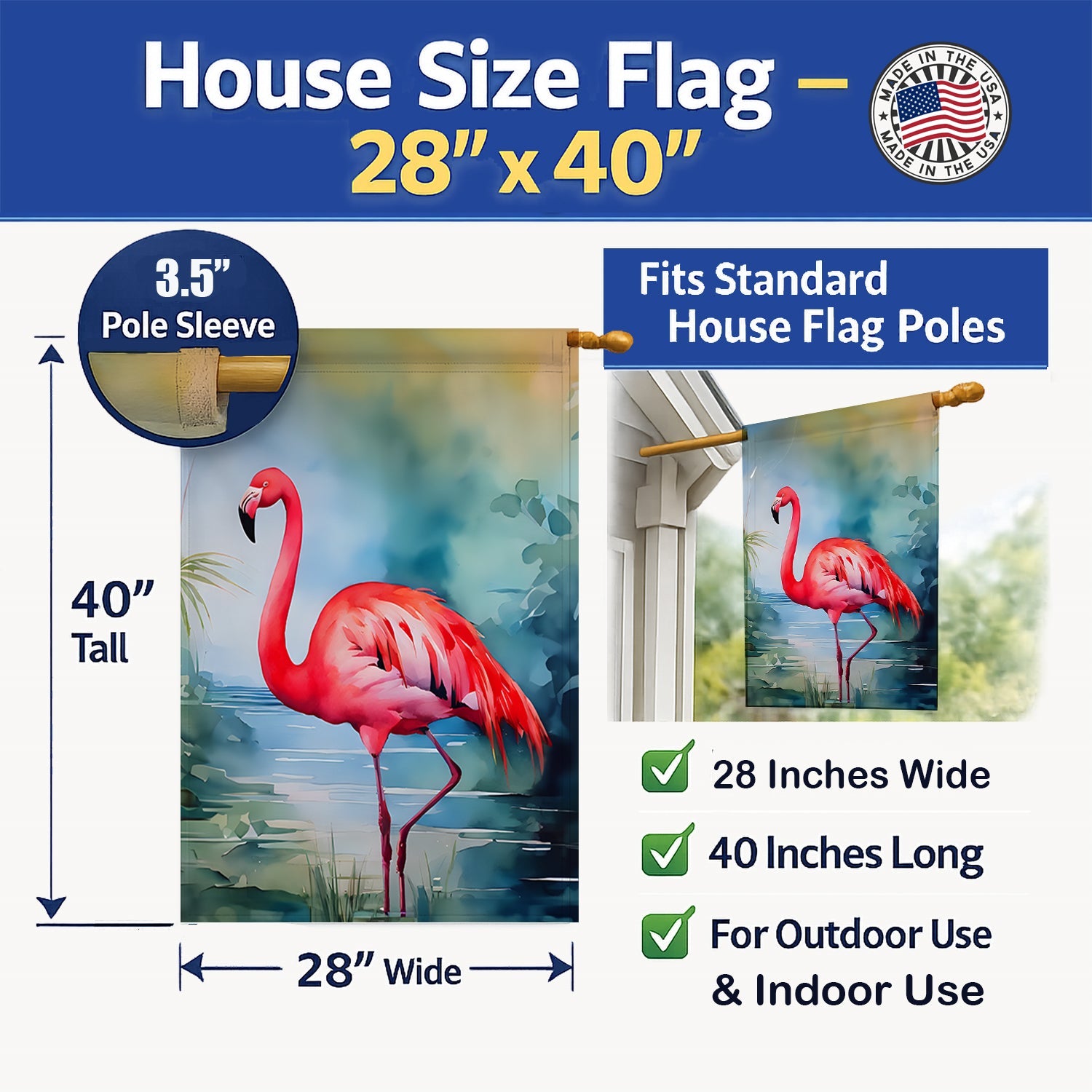 Flamingo House Flag 28x40 Porch Sleeve Pole Decorative Outside Yard Banner Artwork Wall Hanging, Polyester