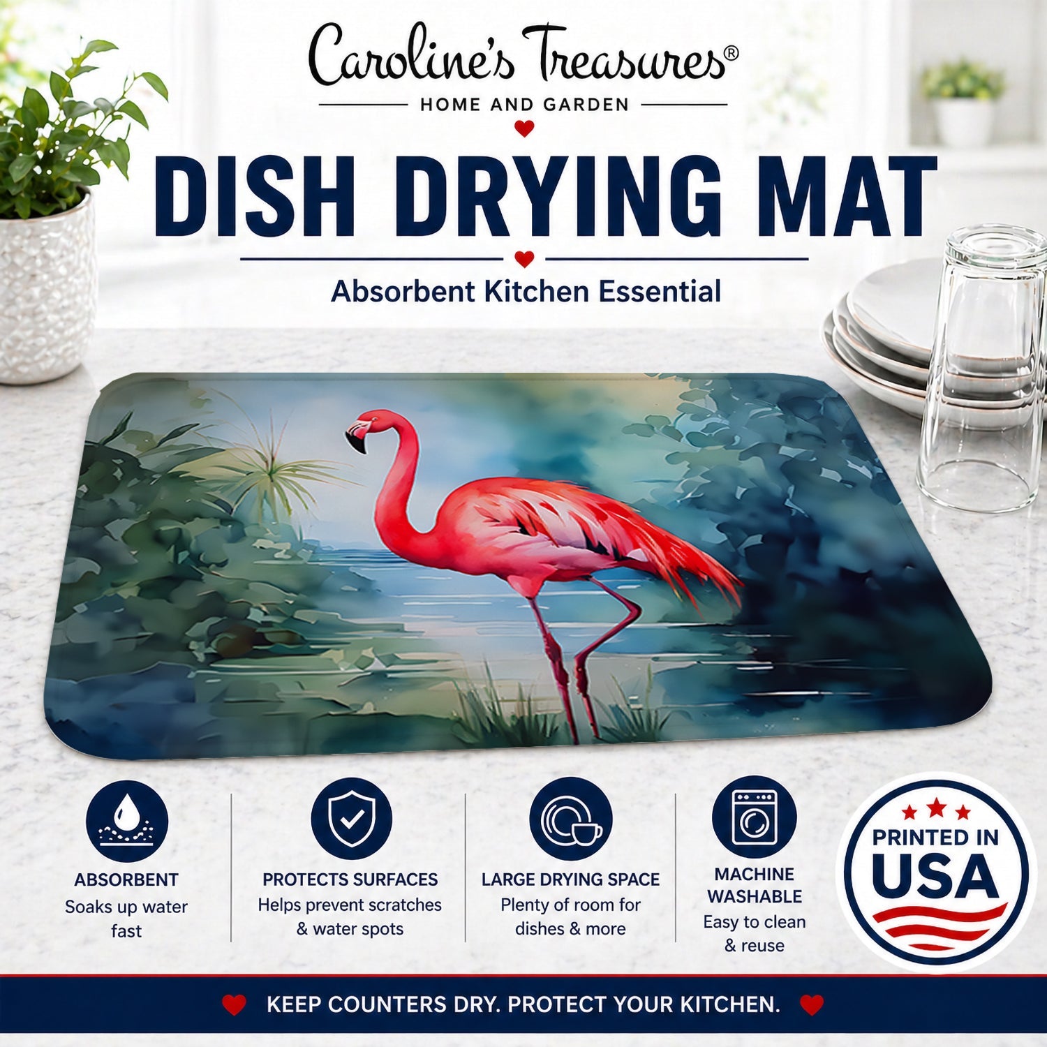 Flamingo Dish Drying Mat Absorbent Dish Drying Mat Pad for Kitchen Counter Dish Drainer Mat for Countertop, 14 x 21", Multicolor