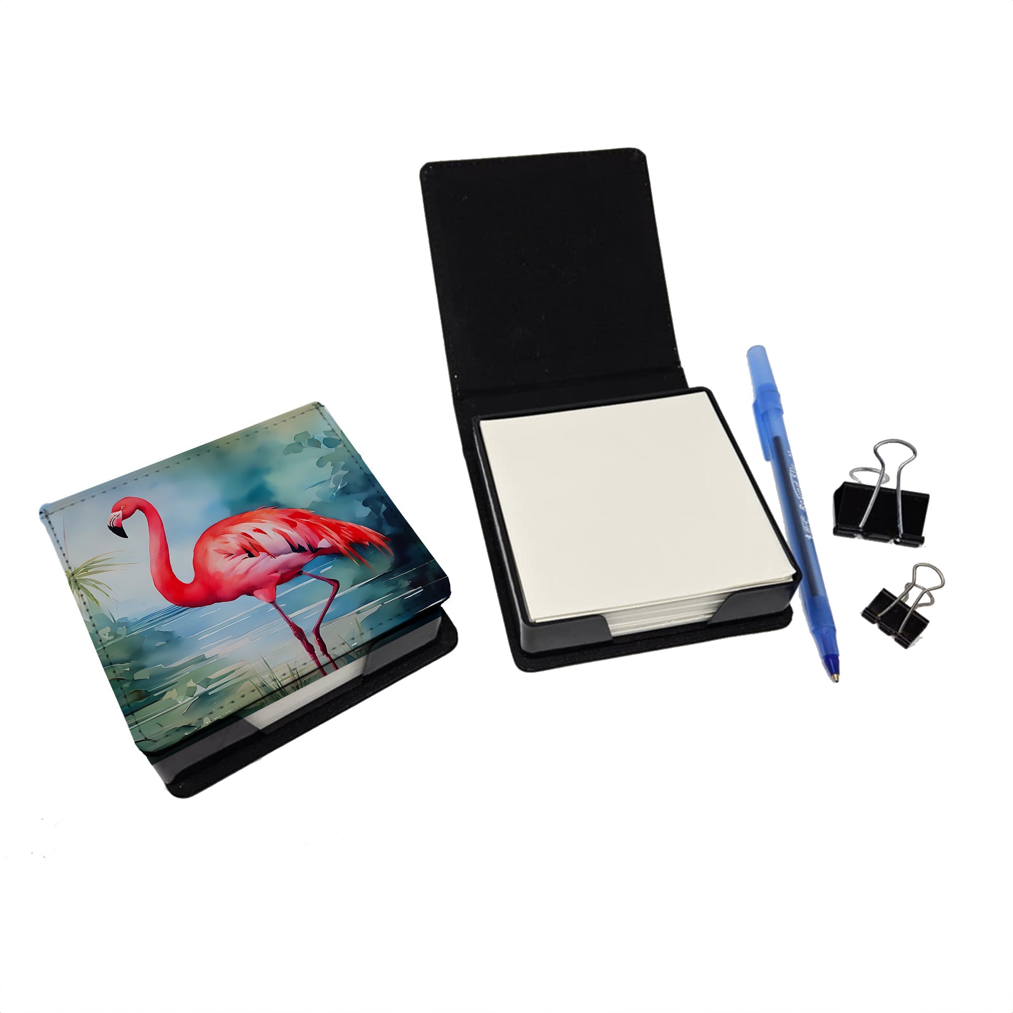 Flamingo PU Leather Note Paper Holder with Artist-Designed Cover, Desk Accessory, Office Gift