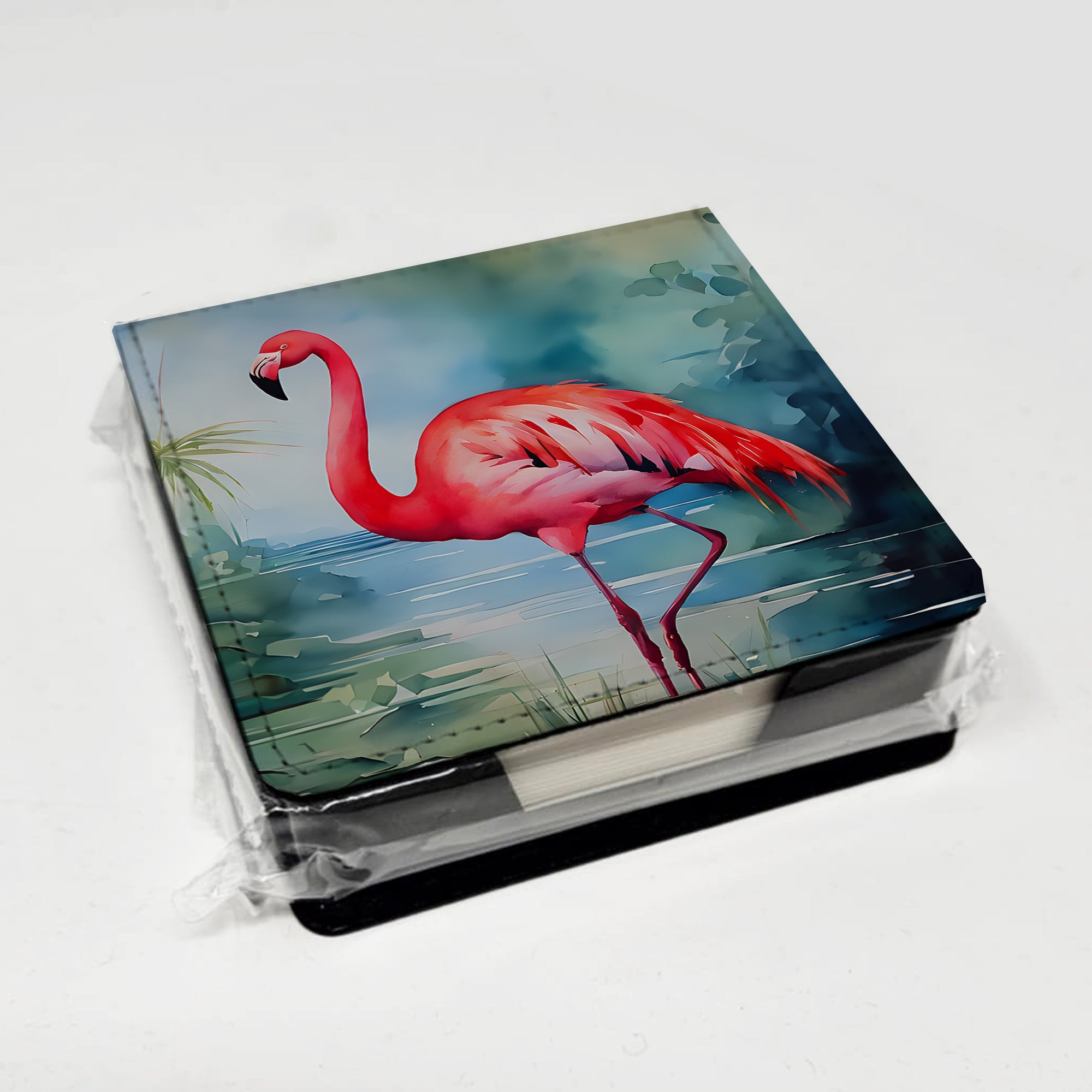 Flamingo PU Leather Note Paper Holder with Artist-Designed Cover, Desk Accessory, Office Gift