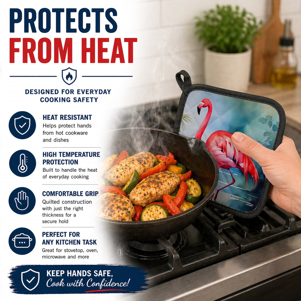 Flamingo Pot Holder Set of 2 Heat Resistant Quilted Hot Pads 7.5 x 7.5 Inch, Insulated Kitchen Trivets for Cooking & Baking