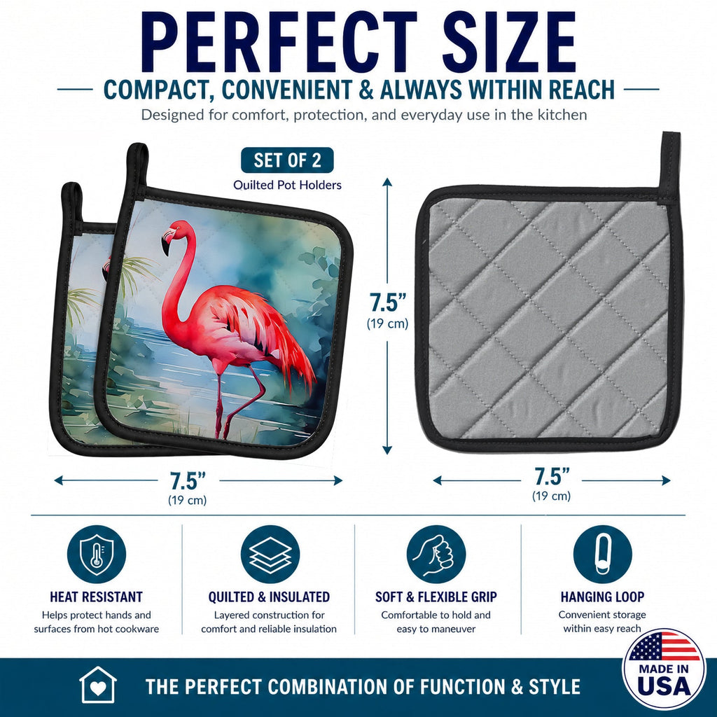 Flamingo Pot Holder Set of 2 Heat Resistant Quilted Hot Pads 7.5 x 7.5 Inch, Insulated Kitchen Trivets for Cooking & Baking