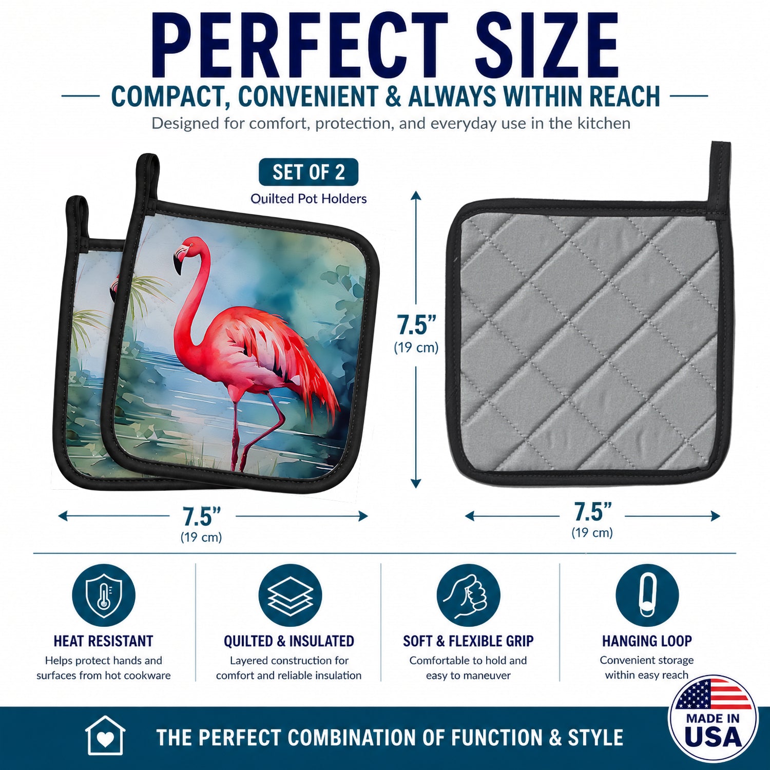 Flamingo Pot Holder Set of 2 Heat Resistant Quilted Hot Pads 7.5 x 7.5 Inch, Insulated Kitchen Trivets for Cooking & Baking
