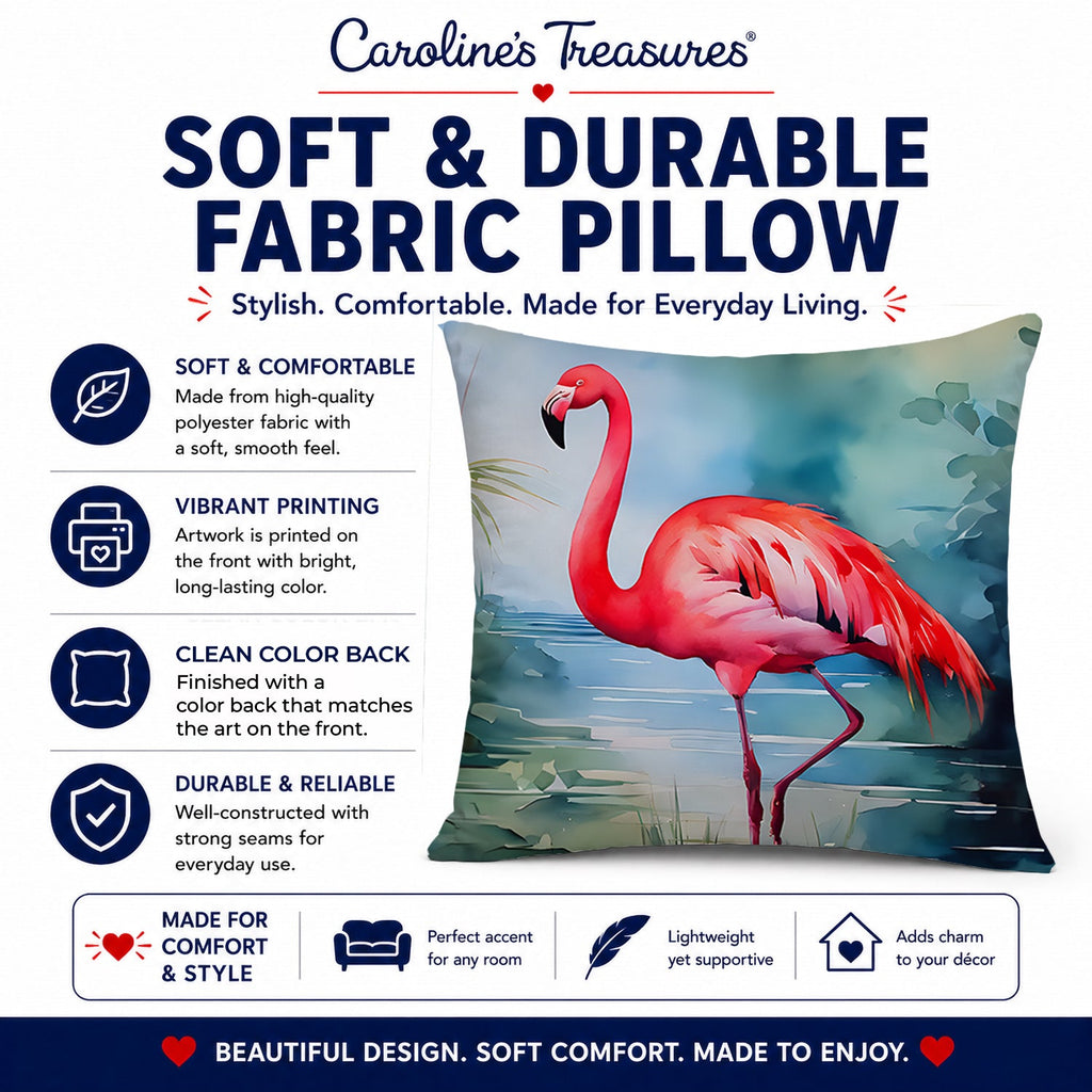 Flamingo Decorative Throw Pillow 14x14 Indoor Outdoor Accent Cushion, Fabric Cover with Insert for Sofa, Bed, Porch & Living Room