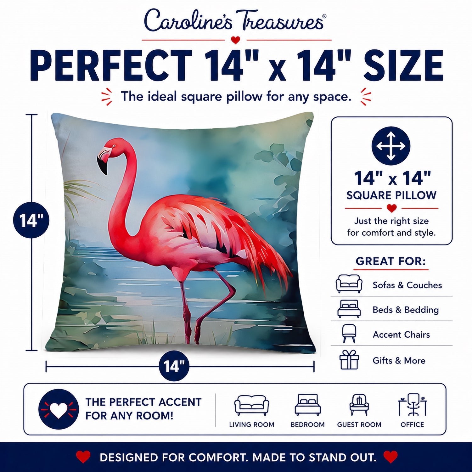 Flamingo Decorative Throw Pillow 14x14 Indoor Outdoor Accent Cushion, Fabric Cover with Insert for Sofa, Bed, Porch & Living Room