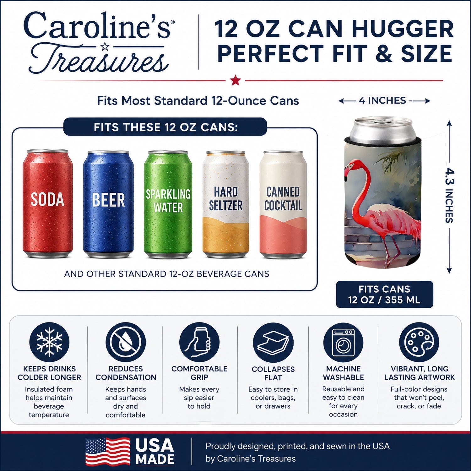 Flamingo Can or Bottle Hugger Cooler Sleeve for Standard 12 oz Cans, Insulated Foam Beer & Soda Can Hugger Reusable