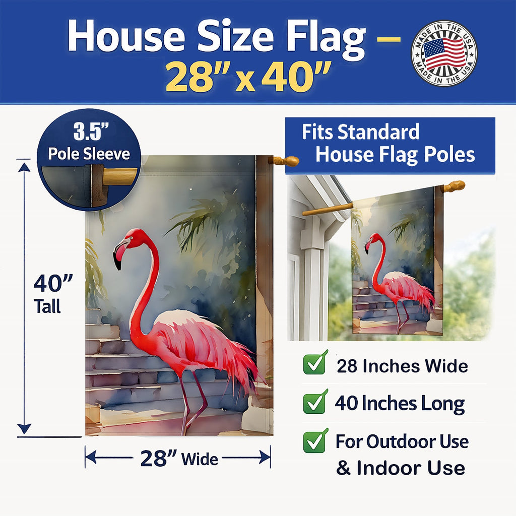 Flamingo House Flag 28x40 Porch Sleeve Pole Decorative Outside Yard Banner Artwork Wall Hanging, Polyester