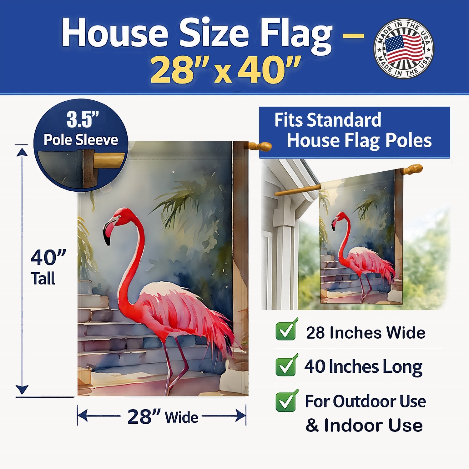 Flamingo House Flag 28x40 Porch Sleeve Pole Decorative Outside Yard Banner Artwork Wall Hanging, Polyester