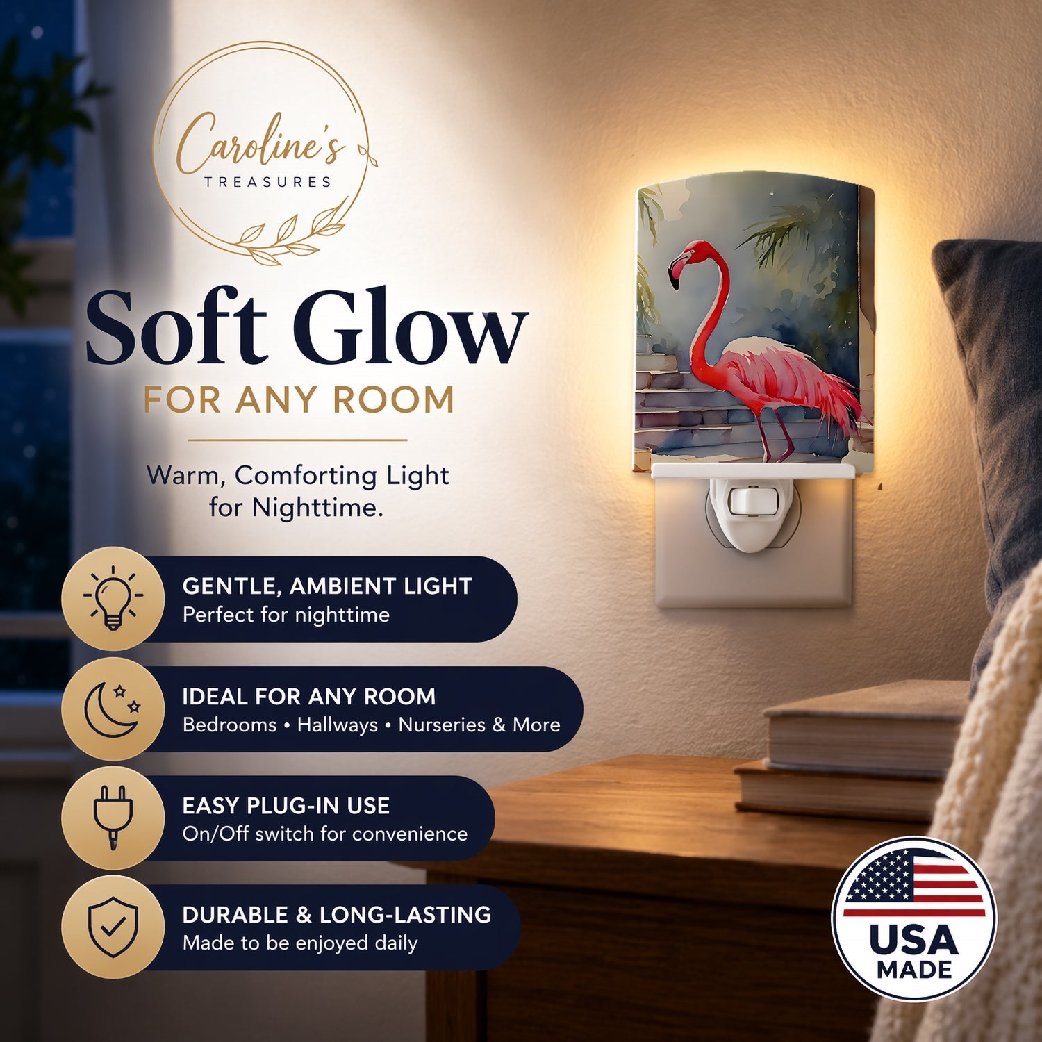 Flamingo Ceramic Night Light Compact, UL-Certified, Ideal for Bedroom, Bathroom, Nursery, Hallway, Kitchen, 6x4x3, Multicolor