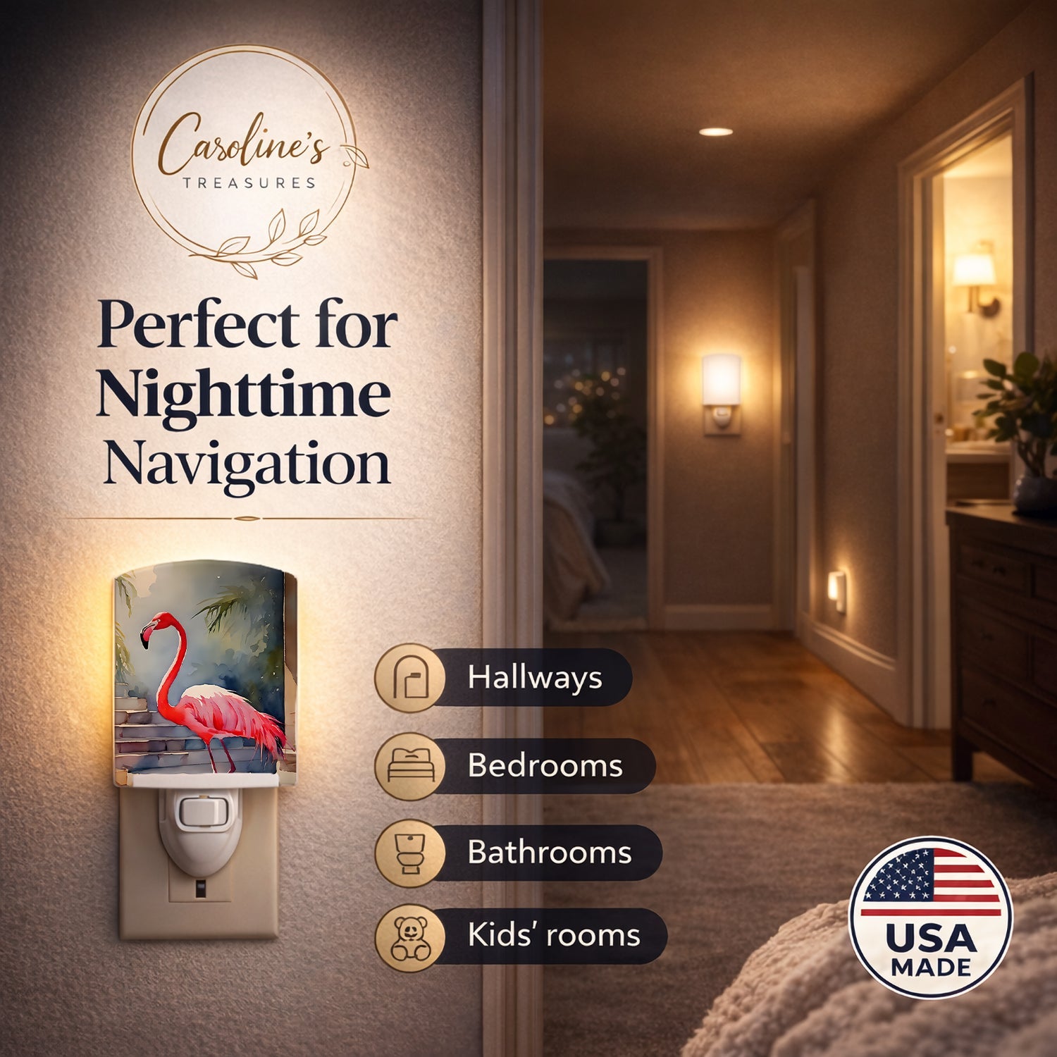 Flamingo Ceramic Night Light Compact, UL-Certified, Ideal for Bedroom, Bathroom, Nursery, Hallway, Kitchen, 6x4x3, Multicolor