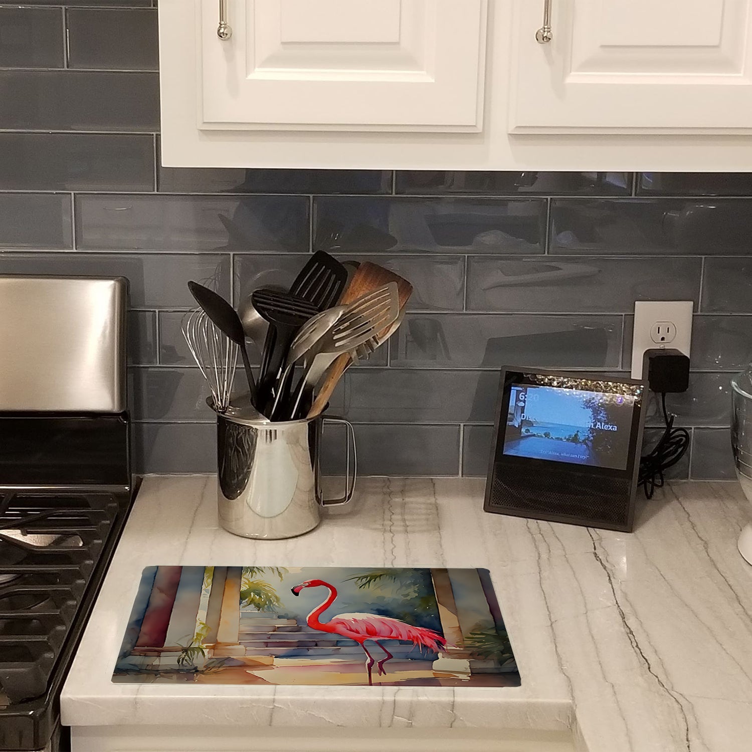 Flamingo Cutting Board Tempered Glass Kitchen Cutting Surface, Heat Resistant Chopping, Non-Slip Feet, Food Prep & Serving