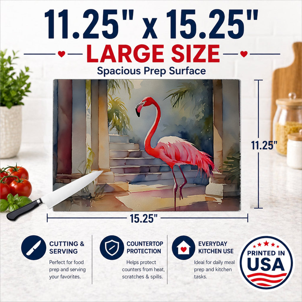Flamingo Cutting Board Tempered Glass Kitchen Cutting Surface, Heat Resistant Chopping, Non-Slip Feet, Food Prep & Serving