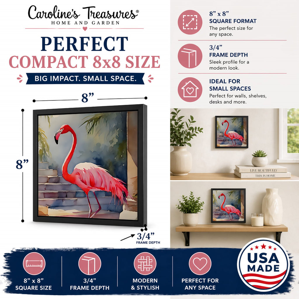 Flamingo Framed Metal Print Bathroom, Kitchen, Office, Home Decor Wall Art Ready to Hang, Square, 8X8