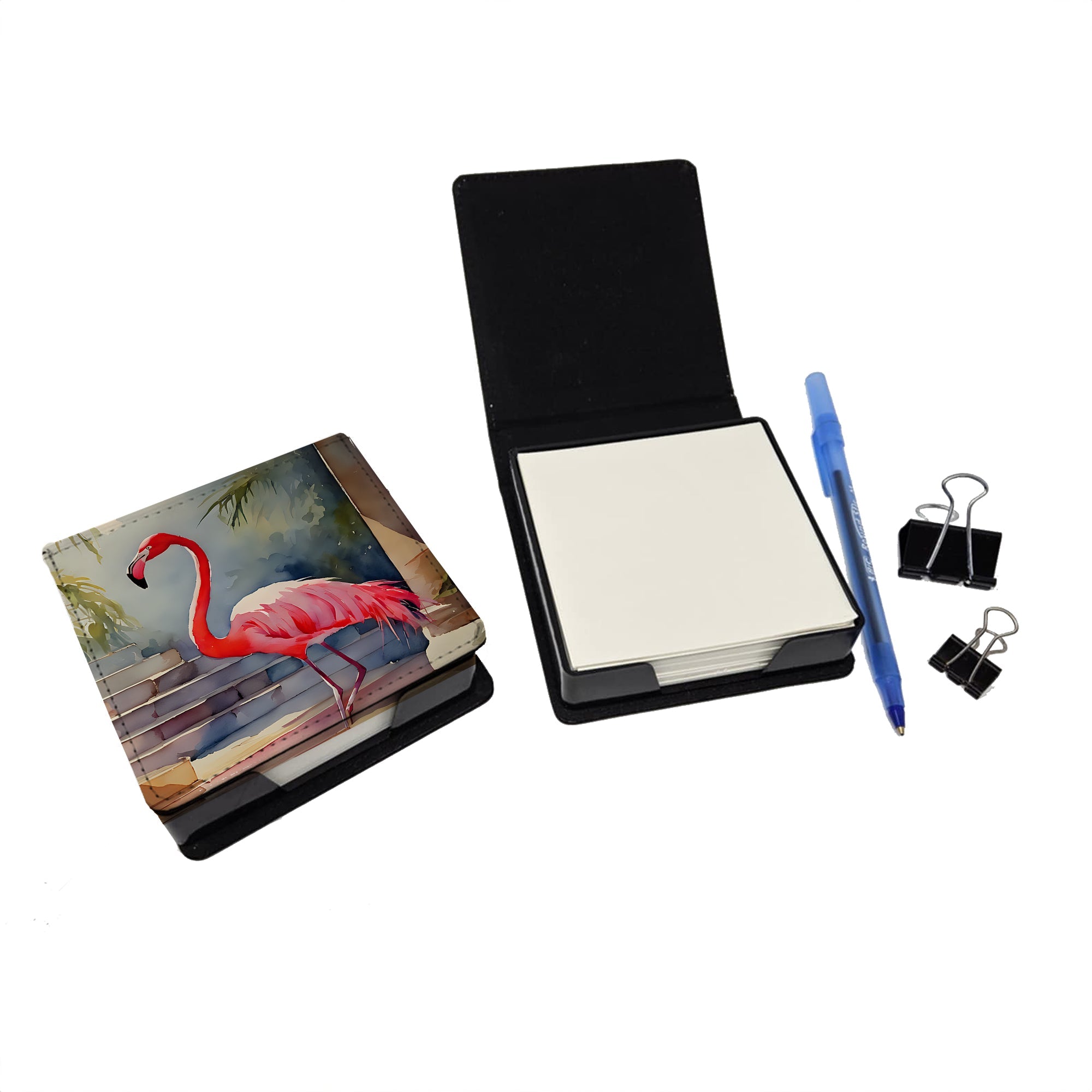 Flamingo PU Leather Note Paper Holder with Artist-Designed Cover, Desk Accessory, Office Gift