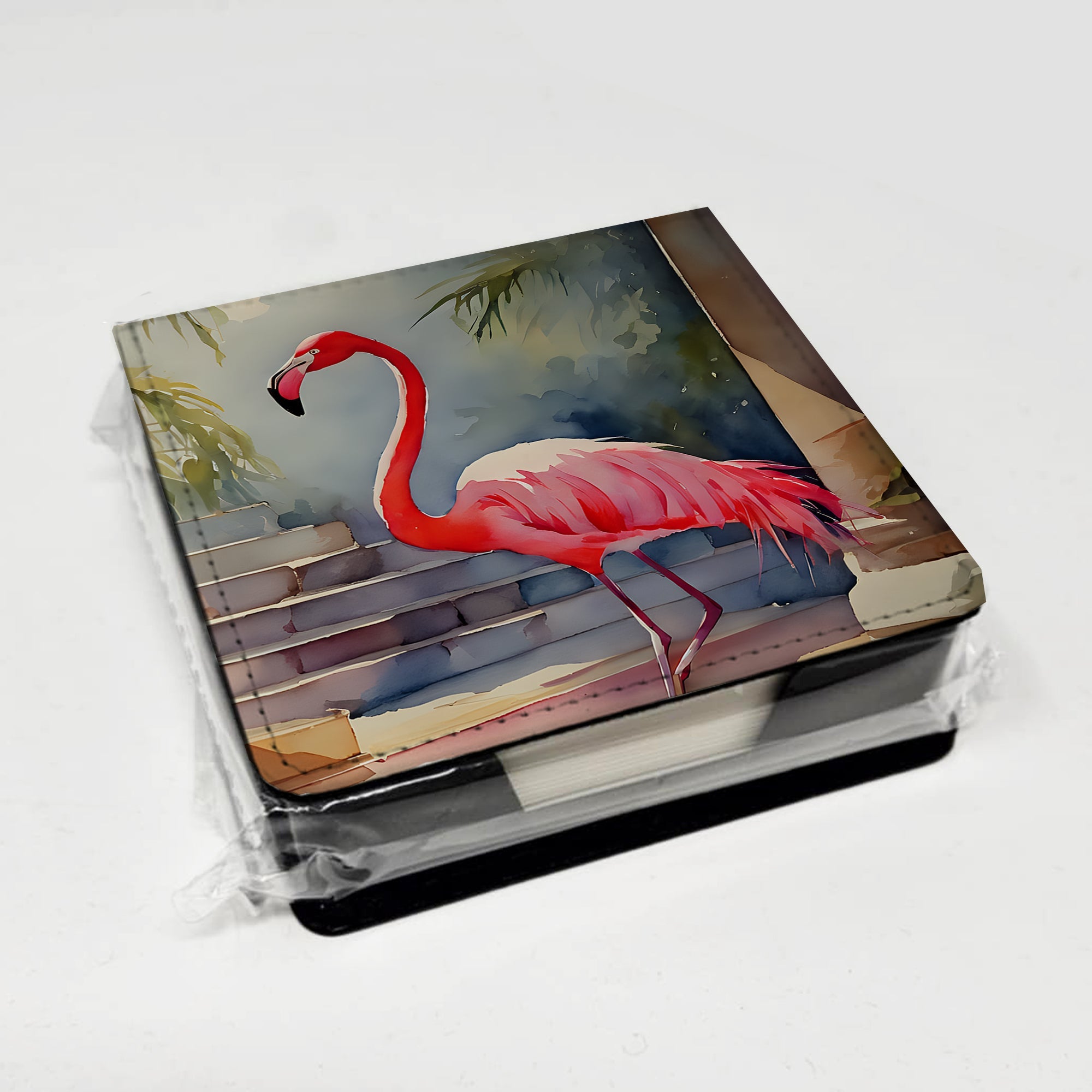 Flamingo PU Leather Note Paper Holder with Artist-Designed Cover, Desk Accessory, Office Gift