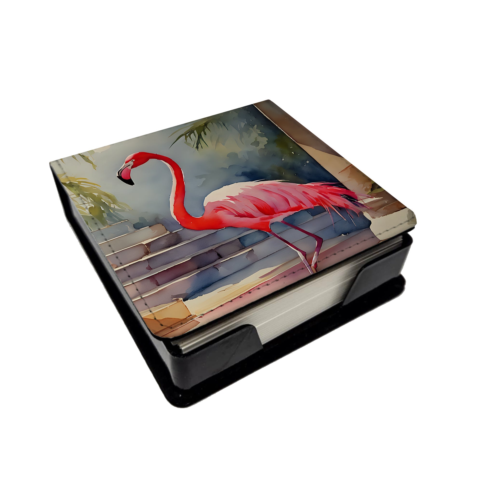 Flamingo PU Leather Note Paper Holder with Artist-Designed Cover, Desk Accessory, Office Gift